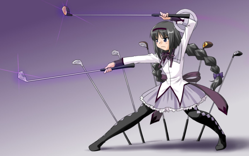 akemi_homura akemi_homura_(magical_girl) black_hair blush braid commentary_request dual_wielding female golf_club grey_skirt hairband holding long_hair magical_girl mahou_shoujo_madoka_magica mahou_shoujo_madoka_magica_(anime) pantyhose purple_eyes skirt solo standing supon twin_braids twintails