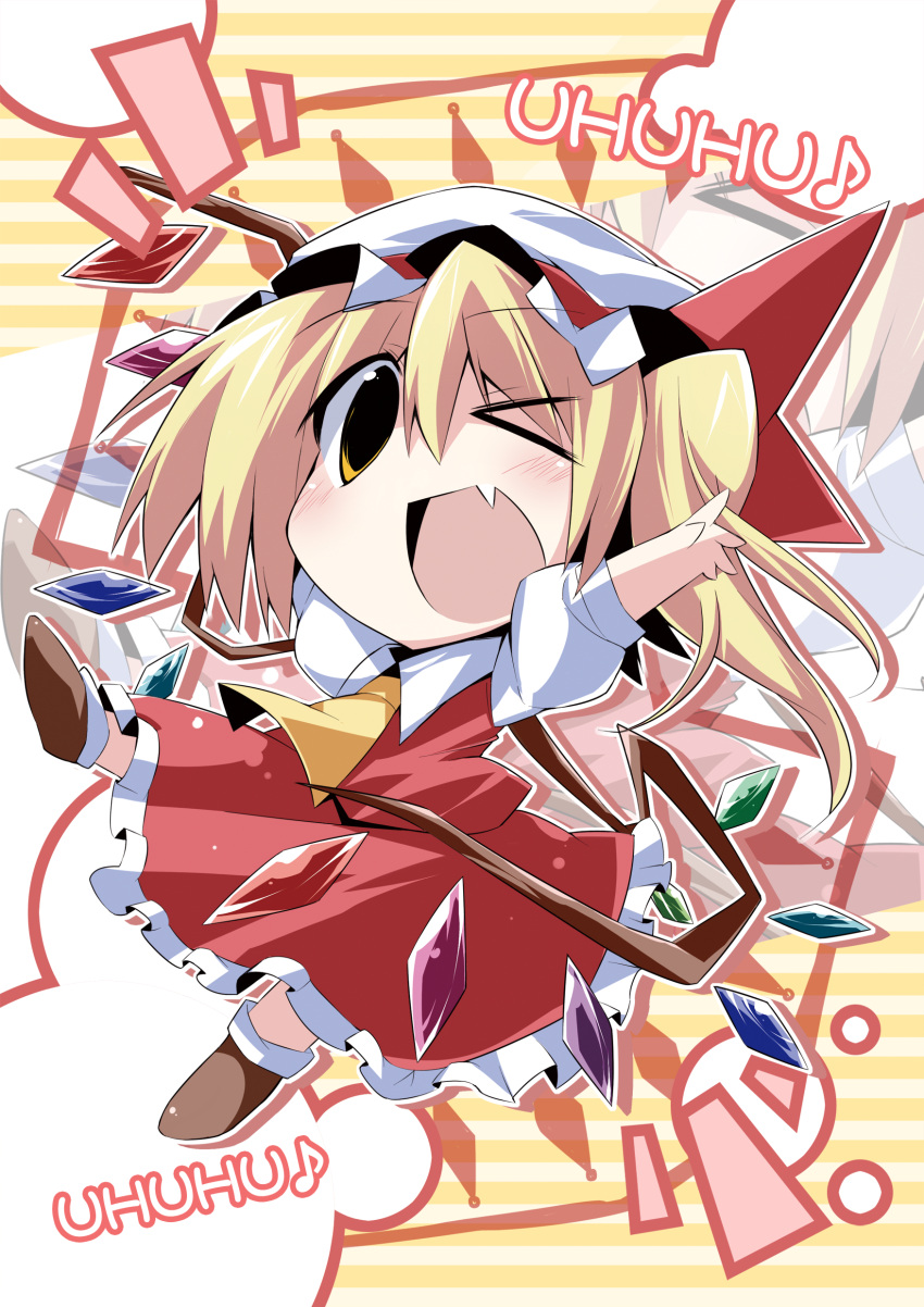 absurdres ascot bibi02 blonde_hair chibi commentary_request dress female flandre_scarlet hat highres oerba_yun_fang one_eye_closed open_mouth short_hair side_ponytail smile solo touhou wings