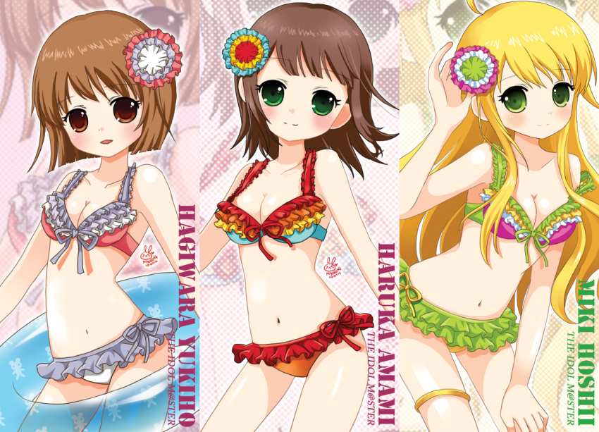 3girls amami_haruka bad_id bad_pixiv_id bikini blonde_hair brown_eyes brown_hair choi_e_sul frilled_bikini frills green_eyes hagiwara_yukiho hoshii_miki idolmaster idolmaster_(classic) innertube long_hair multiple_girls photoshop_(medium) short_hair swim_ring swimsuit vivid_bikini_(idolmaster) zoom_layer