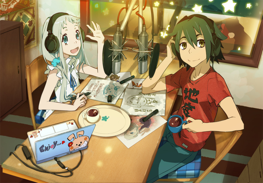 1boy ano_hi_mita_hana_no_namae_wo_bokutachi_wa_mada_shiranai. black_hair blue_eyes brown_eyes casual commentary_request computer cup female grey_hair headphones honma_meiko hot_chocolate laptop long_hair microphone muhaikei photoshop_(medium) pop_filter radio_booth short_hair studio_microphone yadomi_jinta