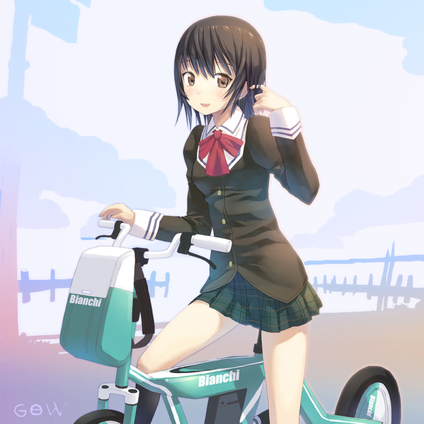 adjusting_hair bad_id bad_pixiv_id bianchi_(company) bicycle black_hair blush brown_eyes day female highres long_sleeves looking_at_viewer medium_hair miniskirt open_mouth original outdoors photoshop_(medium) plaid plaid_skirt pleated_skirt riding school_uniform skirt smile solo tougetsu_gou