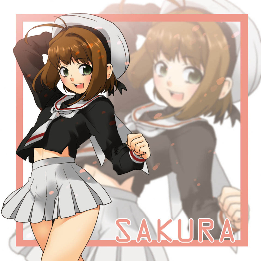 brown_hair cardcaptor_sakura commentary_request female hat kinomoto_sakura musha_sabu photoshop_(medium) school_uniform short_hair solo tomoeda_elementary_school_uniform white_hat zoom_layer