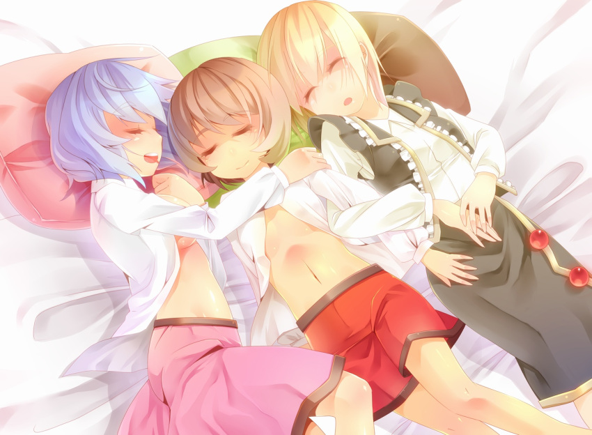 3girls blonde_hair breasts brown_hair closed_eyes commentary_request light_purple_hair lunasa_prismriver lyrica_prismriver medium_breasts merlin_prismriver midriff multiple_girls navel nomu_(29_nom) open_clothes open_mouth open_shirt shirt short_hair siblings sideboob sisters skirt sleeping small_breasts touhou