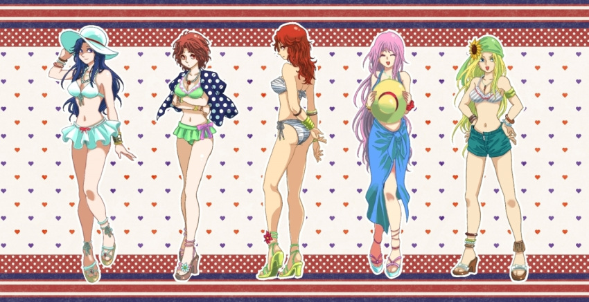 5girls 9650_(pixiv1117447) airy anklet bandana bandana bikini blonde_hair blue_eyes blue_hair bracelet brown_eyes brown_hair character_request closed_eyes crossed_arms dress flower green_eyes hair_ornament hands_on_hips happy hat high_heels hokuto_no_ken jacket jewelry long_hair looking_back lynn mamiya multiple_girls necklace open_mouth pink_hair red_eyes red_hair short_hair shorts swimsuit yuria yuria_(hokuto_no_ken)