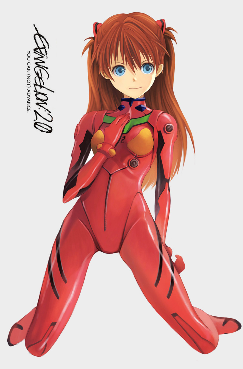 blue_eyes bodysuit breasts brown_hair closed_mouth commentary_request copyright_name english_text evangelion:_2.0_you_can_(not)_advance female full_body gloves grey_background hair_between_eyes hand_on_own_chest headgear highres kari_kenji kneeling legs_apart light_smile long_hair looking_at_viewer neon_genesis_evangelion parted_bangs photoshop_(medium) pilot_suit plugsuit rebuild_of_evangelion red_bodysuit shiny_clothes simple_background small_breasts smile solo souryuu_asuka_langley turtleneck two_side_up