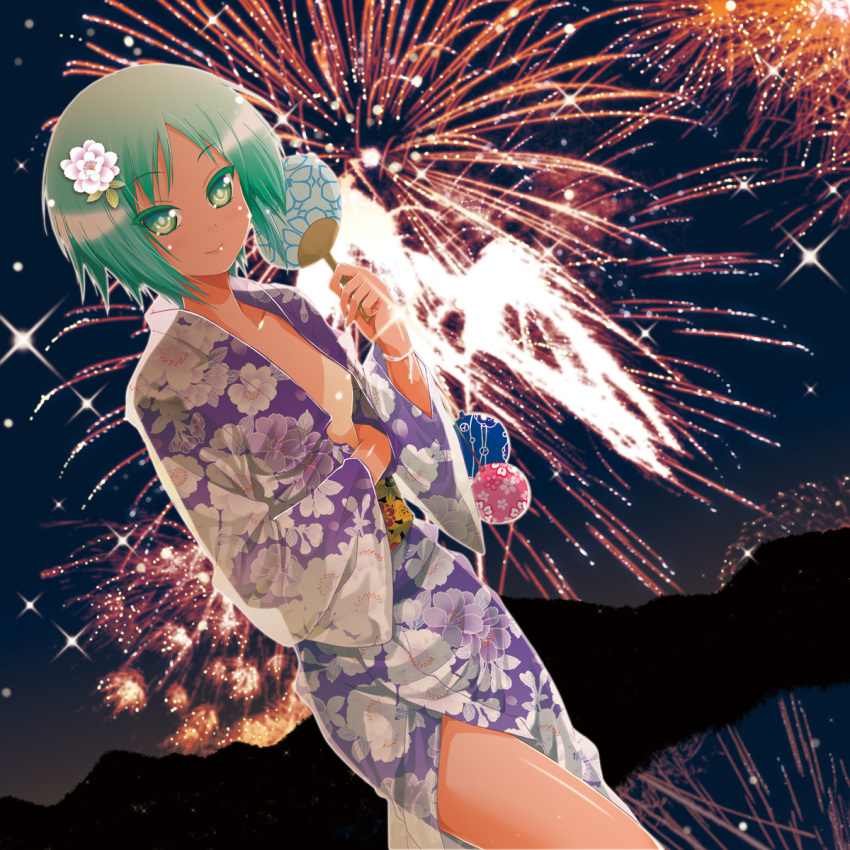 aerial_fireworks colored_eyelashes commentary_request female fireworks floral_print flower green_eyes green_hair hair_flower hair_ornament hand_fan hatano_kirie highres japanese_clothes kimono open_clothes original paper_fan porurin shiori_series smile solo tan tanlines uchiwa water_yoyo