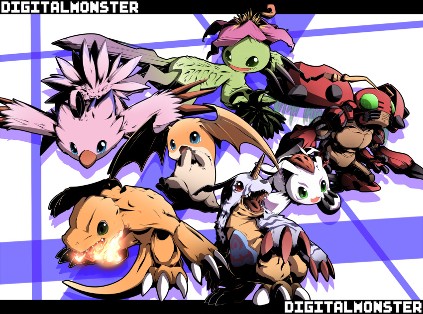 agumon blue_eyes breath_weapon breathing_fire commentary_request digimon digimon_(creature) digimon_adventure fire gabumon gomamon green_eyes letterboxed no_humans palmon patamon piyomon satsuki_mei_(sakuramochi) tentomon