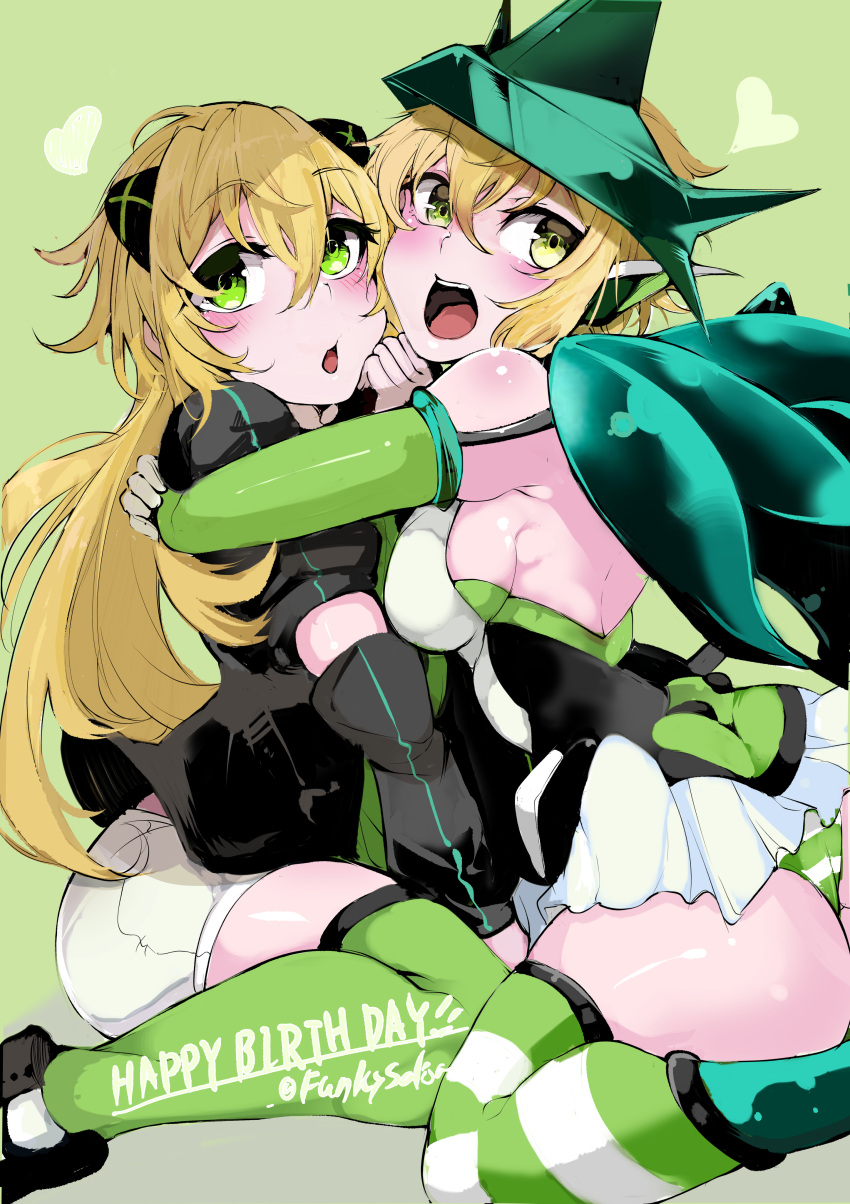 2girls absurdres akatsuki_kirika akatsuki_kirika_(another) ass birthday blonde_hair blush dual_persona funkysatou green_eyes green_leotard happy_birthday highres hug leotard long_hair looking_at_viewer multiple_girls open_mouth panties pantyshot senki_zesshou_symphogear senki_zesshou_symphogear_xd_unlimited shiny_skin short_hair shorts smile striped_clothes striped_thighhighs thighhighs underwear white_shorts