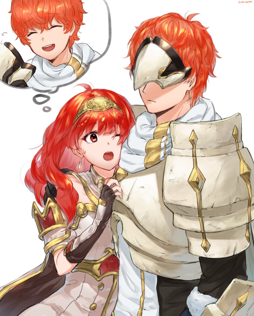 1boy armor brother_and_sister celica_(fire_emblem) closed_eyes closed_mouth conrad_(fire_emblem) dress earrings female fingerless_gloves fire_emblem fire_emblem_echoes:_shadows_of_valentia futabaaf gloves highres imagining jewelry long_hair mask one_eye_closed open_mouth red_armor red_eyes red_hair short_hair siblings simple_background tiara white_armor white_background