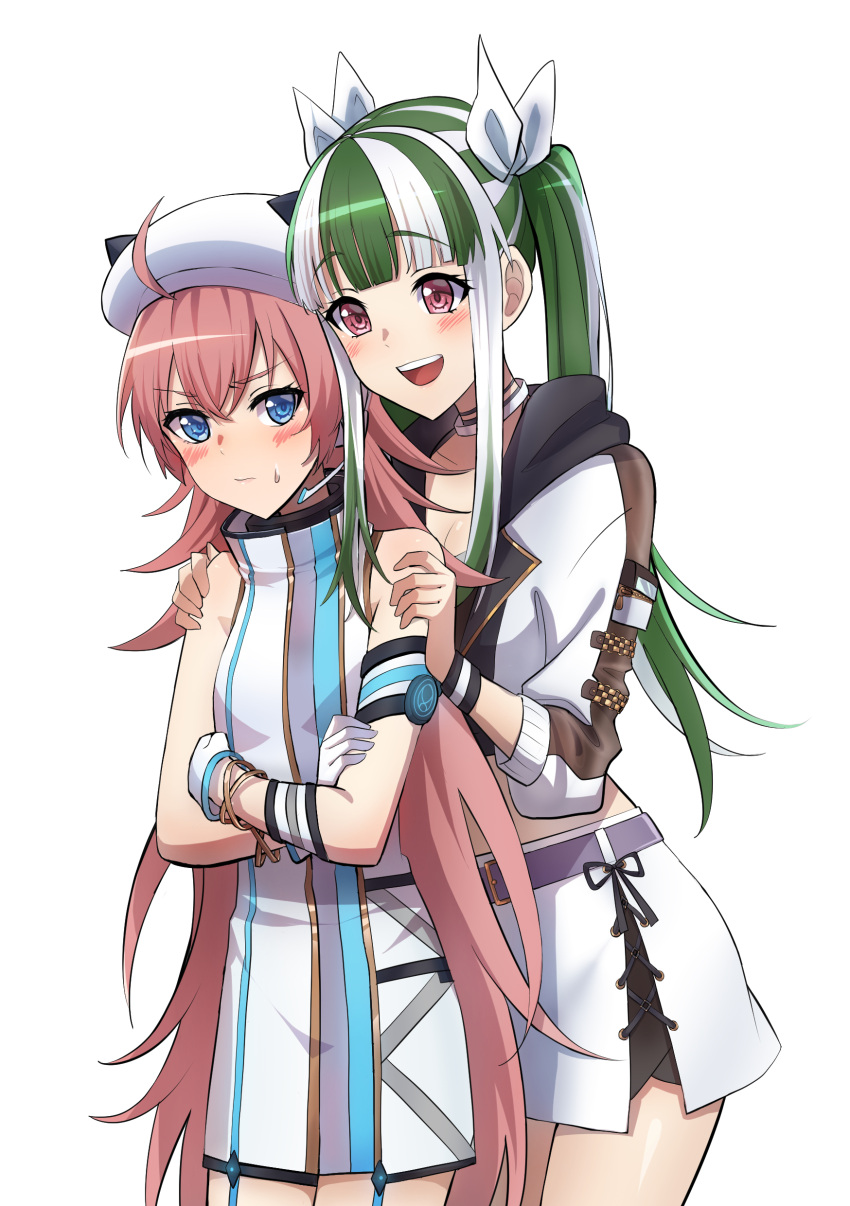 2girls :d absurdres ahoge armband bang_dream! bare_shoulders belt beret blue_eyes blunt_bangs blush bracelet breasts cleavage closed_mouth collar collarbone commentary cosplay cowboy_shot cropped_jacket crossed_arms d4dj dress flat_chest gloves green_hair hair_between_eyes hair_ribbon hands_on_another's_shoulders hat headset height_difference highres hood hood_down hooded_jacket izumo_saki izumo_saki_(cosplay) jacket jewelry kurachi_reo kzu_(kougami) long_hair long_sleeves looking_at_another medium_breasts midriff multicolored_hair multiple_girls nyubara_reona open_mouth purple_belt purple_eyes red_hair ribbon shimizu_esora shimizu_esora_(cosplay) side_slit sidelocks simple_background skirt sleeveless sleeveless_dress smile standing sweat tamade_chiyu teeth tsumugi_risa twintails two-tone_hair upper_teeth_only voice_actor_connection white_background white_collar white_dress white_gloves white_hair white_headwear white_jacket white_ribbon white_skirt wristband