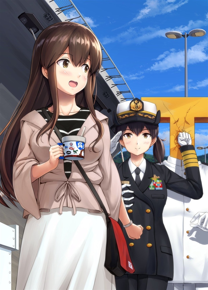 1boy 2girls admiral_(kancolle) aircraft_carrier akagi_(kancolle) alternate_costume backhand bag black_jacket black_pants blue_sky blush breasts brown_eyes brown_hair buttons casual cloud collarbone collared_shirt commentary_request cup day double-breasted gloves grabbing grabbing_another's_breast hat highres holding holding_cup ichikawa_feesu jacket js_kaga_(kancolle) kaga_(aircraft_carrier) kaga_(kancolle) kantai_collection lamppost large_breasts long_hair medal military military_uniform military_vehicle multiple_girls naval_uniform necktie open_mouth outdoors pants peaked_cap punching ribbon_bar salute ship shirt shoulder_bag side_ponytail skirt sky smile straight striped_clothes striped_shirt t-head_admiral uniform vehicle_and_personification warship watercraft white_jacket white_pants white_shirt white_skirt wide_sleeves wristband