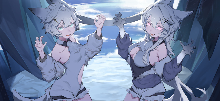 2girls alchemy_stars animal_ears bare_shoulders body_fur breasts cat_ears claw_pose cleavage cleavage_cutout clothing_cutout cloud collarbone colored_tips covered_navel detached_collar detached_sleeves dual_persona earth_(planet) fingernails green_eyes hair_intakes hands_up highres leotard long_hair looking_at_viewer medium_breasts multicolored_hair multiple_girls navel navel_cutout oerba_yun_fang open_mouth philyshy_(alchemy_stars) philyshy_(sweet_dreams)_(alchemy_stars) pink_eyes planet roupo99 sharp_fingernails short_hair skin_fang small_breasts tail white_hair white_leotard yumi_(alchemy_stars)