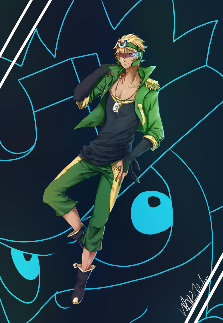 1boy 837271074 black_shirt blonde_hair gloves green_headwear green_pants happy_heroes headband hero_hua highres jacket male_focus mask pants shirt solo superhero_costume