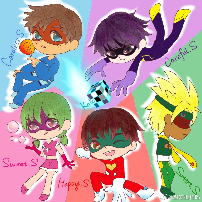 black_hair blonde_hair brown_hair candy cube dress food green_hair green_headband green_jacket happy_heroes headband hero_chu hero_hua hero_kai hero_tian hero_xiao jacket lollipop mask pink_dress scarf source_request superhero_costume