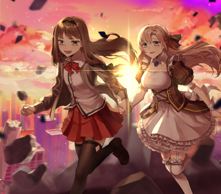 2girls absurdres ann_(forever_7th_capital) black_hairband black_legwear blurry blurry_background bow braid breasts brooch brown_eyes brown_footwear brown_jacket building cleavage cloud commander_(forever_7th_capital) commentary crown_braid dated_commentary detached_collar dress female_commander_(forever_7th_capital) forever_7th_capital frilled_dress frills garter_straps hairband highres holding_hands jacket jewelry long_hair multiple_girls puffy_short_sleeves puffy_sleeves red_bow red_skirt red_sky running short_sleeves skirt sky skyscraper sunset tearing_up thighhighs uzodayo white_dress white_legwear wrist_cuffs