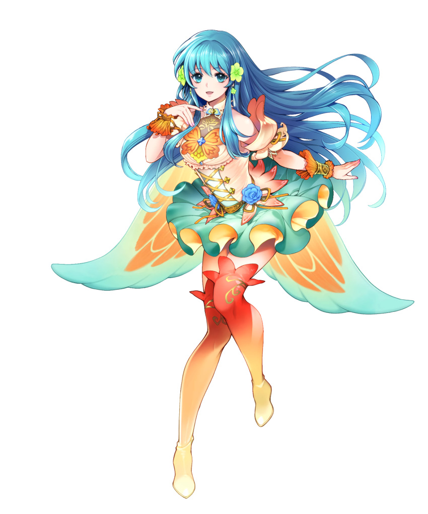 aqua_hair bare_shoulders blue_eyes boots bracelet breasts earrings eirika_(fire_emblem) eirika_(resplendent)_(fire_emblem) female fingernails fire_emblem fire_emblem:_the_sacred_stones fire_emblem_heroes flower frills full_body gradient_clothes hair_flower hair_ornament hand_up highres jewelry long_hair looking_at_viewer medium_breasts miniskirt non-web_source official_art open_mouth skirt solo thigh_boots thighhighs toyota_saori transparent_background wing_cape wrist_cuffs zettai_ryouiki