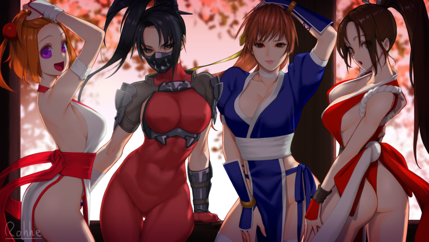 4girls arm_guards armor artist_name ass bare_shoulders black_eyes black_hair bodysuit breasts bridal_gauntlets brown_eyes brown_hair cleavage closed_mouth collarbone commentary_request covered_navel dead_or_alive fatal_fury hair_ornament highres japanese_clothes kasumi_(doa) large_breasts lips long_hair mask medium_breasts multiple_girls ninja ogin_(pachislot) open_mouth orange_hair pachislot_koumonchama_katsu pelvic_curtain ponytail purple_eyes red_bodysuit revealing_clothes rope ryohhe shiranui_mai short_sleeves shoulder_armor sideboob signature simple_background skin_tight sleeveless smile soulcalibur sunset taki_(soulcalibur) the_king_of_fighters thighs trait_connection