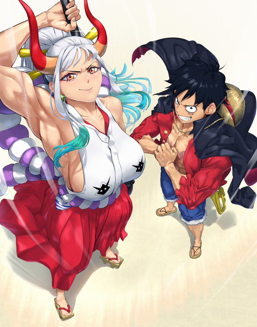 >:) 1boy 702_96 abs absurdres arm_up armpits bare_arms bare_shoulders black_hair blue_hair blue_shorts breasts burn_scar closed_mouth club_(weapon) coat coat_on_shoulders collarbone cracking_knuckles curled_horns female fist_in_hand from_above full_body geta green_hair grin hair_ornament hair_stick hakama hat hat_on_back high_ponytail highres holding holding_weapon horns huge_breasts japanese_clothes kanabou kimono legs_apart long_hair looking_at_viewer looking_up monkey_d._luffy multicolored_hair multicolored_horns muscular muscular_female muscular_male one_piece oni open_clothes open_shirt orange_eyes orange_horns own_hands_together pectorals red_hakama red_horns red_shirt rope sandals scar scar_on_cheek scar_on_chest scar_on_face shimenawa shirt short_hair shorts sideboob sleeveless sleeveless_kimono smile standing stomach straw_hat toes toned toned_male v-shaped_eyebrows very_long_hair weapon white_hair wind yamato_(one_piece)