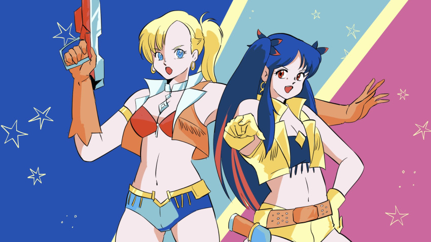 2girls belt bikini bikini_top_only blonde_hair blue_eyes blue_hair brown_gloves brown_vest calamity_jane_(fate) choker commentary_request cropped_vest dirty_pair fate/grand_order fate_(series) fringe_trim gloves gun hand_on_own_hip highres holster ishtar_(fate) multicolored_hair multiple_girls navel odeyama outstretched_arm parody pointing pointing_at_viewer red_bikini red_eyes short_shorts shorts side_ponytail space_ishtar_(fate) space_ishtar_(second_ascension)_(fate) streaked_hair style_parody swimsuit twintails two-tone_shorts vest weapon yellow_gloves yellow_vest