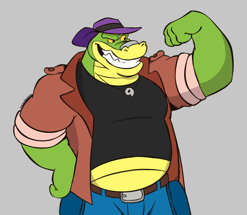 2023 alligator alligatorid anthro bottomwear brok_(brok_the_investigator) brok_the_investigator clothing cowcat_games crocodilian green_body hat headgear headwear hi_res humanoid_hands male musclegut muscular overweight overweight_male pants reptile scalie shirt simple_background solo syncrotrace topwear