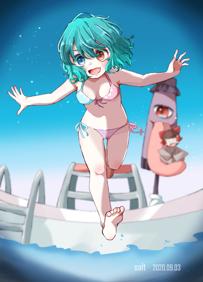 :d absurdres artist_name bikini blue_bikini blue_eyes blue_hair blurry breasts cleavage commentary_request commission dated depth_of_field female full_body hakurei_reimu heterochromia highres jumping karakasa_obake looking_at_viewer medium_breasts open_mouth outdoors pink_bikini pool poolside purple_umbrella red_eyes salt_(seasoning) short_hair skeb_commission smile solo swimsuit tatara_kogasa tongue touhou umbrella