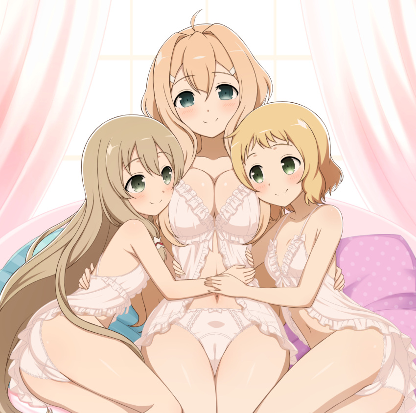 3girls age_difference ass blonde_hair breasts breasts_squeezed_together cameltoe cleavage girl_sandwich green_eyes hair_between_eyes highres hug ikarin_takori inubouzaki_itsuki iyojima_anzu kokudo_aya large_breasts lingerie long_hair multiple_girls onee-loli panties sandwiched short_hair small_breasts smile thighs underwear yuri yuuki_yuuna_wa_yuusha_de_aru yuuki_yuuna_wa_yuusha_de_aru:_hanayui_no_kirameki yuusha_de_aru