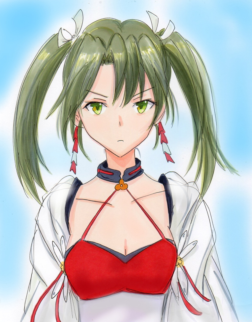 alternate_breast_size azur_lane breasts cleavage commentary_request cosplay female green_hair hair_ribbon highres historical_name_connection japanese_clothes kantai_collection long_hair marker_(medium) medium_breasts millipen_(medium) name_connection potekite ribbon simple_background solo traditional_media twintails upper_body zuikaku_(azur_lane) zuikaku_(azur_lane)_(cosplay) zuikaku_(kancolle)