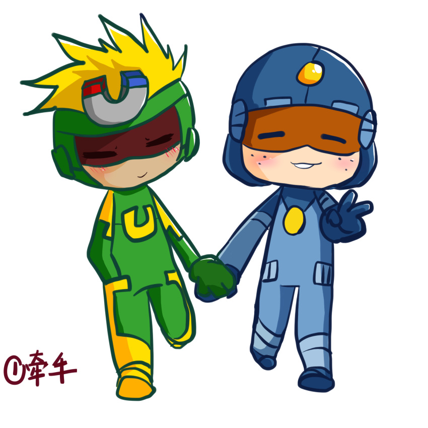 2boys :3 blonde_hair blue_gloves blue_headwear blush chinese_commentary closed_eyes commentary freckles gloves green_gloves green_headwear hand_in_pocket happy_heroes helmet hero_chu hero_hua highres holding_hands male_focus mask multiple_boys sev_(nana29287) simple_background superhero_costume v white_background yaoi