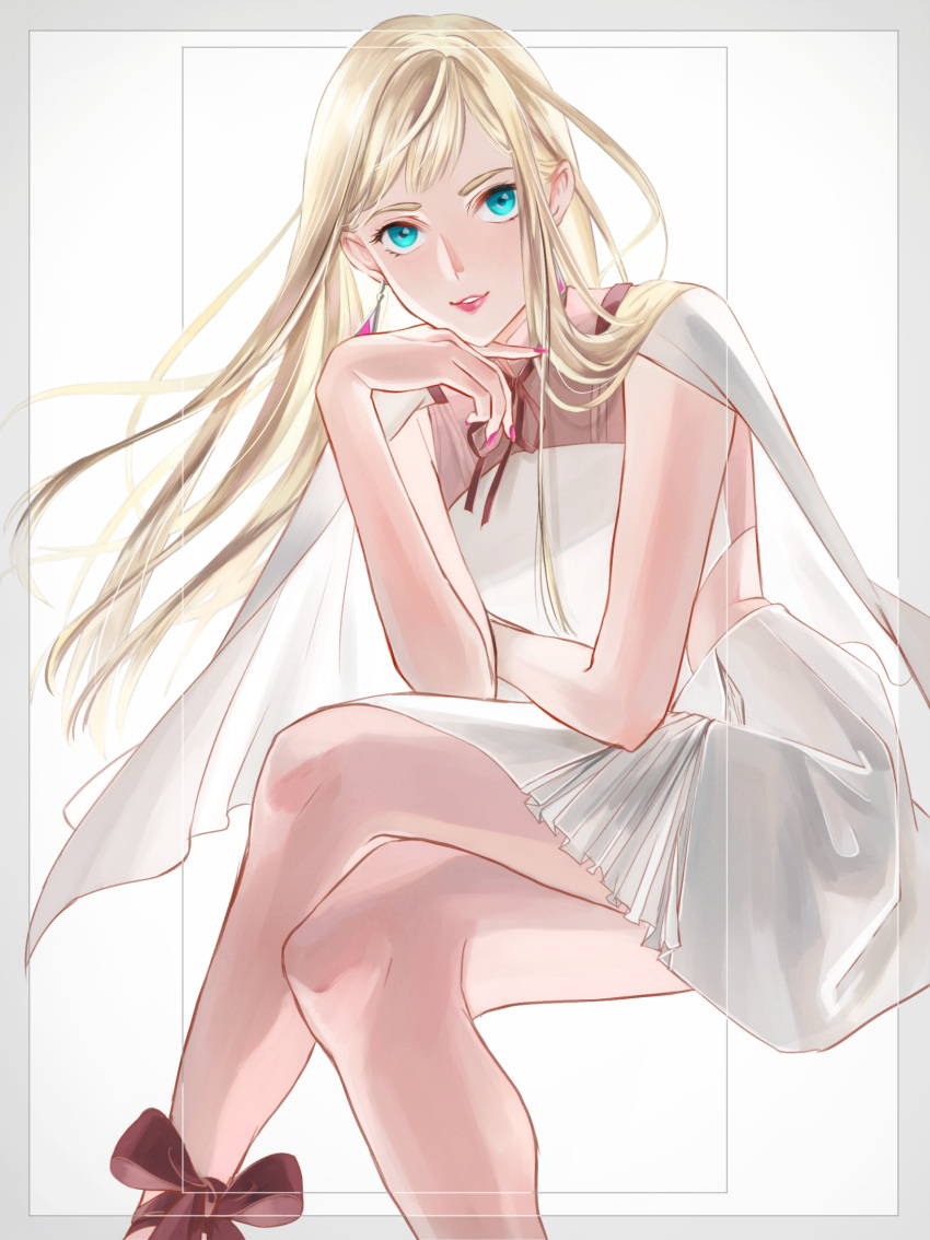 ado002 bare_legs blonde_hair blue_eyes cape crossed_arms dress earrings female floating_hair gigi_andalusia gundam gundam_hathaway's_flash highres jewelry lipstick long_hair looking_at_viewer makeup nail_polish neck_ribbon parted_lips red_nails ribbon short_dress sitting sleeveless sleeveless_dress solo very_long_hair white_cape white_dress