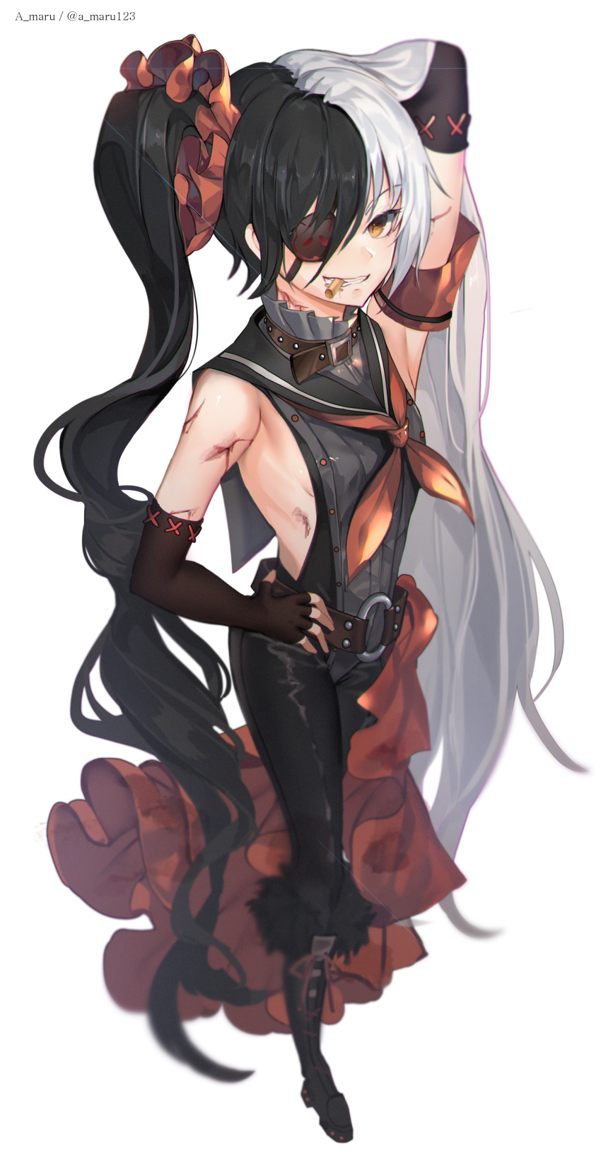 a_maru absurdres bad_id bad_pixiv_id bare_shoulders belt black_hair blade_&_soul boots breasts commentary eyepatch female fingerless_gloves full_body gloves highres leotard long_hair looking_at_viewer multicolored_hair pohwaran shell sideboob sideless_outfit small_breasts smile solo split-color_hair twintails two-tone_hair very_long_hair white_hair