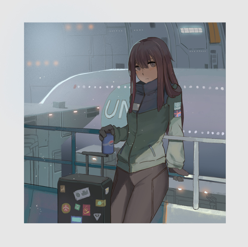 against_railing aircraft airplane airport bad_id bad_pixiv_id brown_eyes brown_gloves brown_hair can drink_can female gloves green_jacket hangar holding holding_can icelandic_flag id_card jacket jet leaning leaning_back leaning_on_object liangzi_tai_hongcha logo long_hair looking_at_viewer luggage original patch pepsi railing rolling_suitcase shadow soda_can solo suitcase united_nations