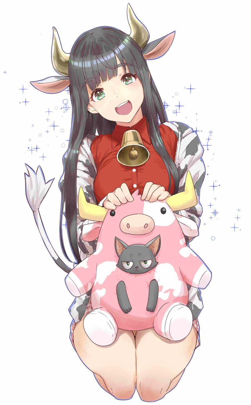 :d absurdres animal_ears animal_on_lap animal_print bell black_hair blunt_bangs breasts chinese_zodiac chito_(flying_witch) collared_shirt commentary_request cow_ears cow_girl cow_horns cow_print cow_tail dress_shirt feline female flying_witch green_eyes highres horns ishizuka_chihiro kowata_makoto large_breasts long_hair looking_at_viewer neck_bell new_year official_art on_lap open_mouth red_skirt seiza shirt sidelocks simple_background sitting skirt smile solo sparkle straight_hair tail teeth thick_eyebrows thighs upper_teeth_only white_background year_of_the_ox