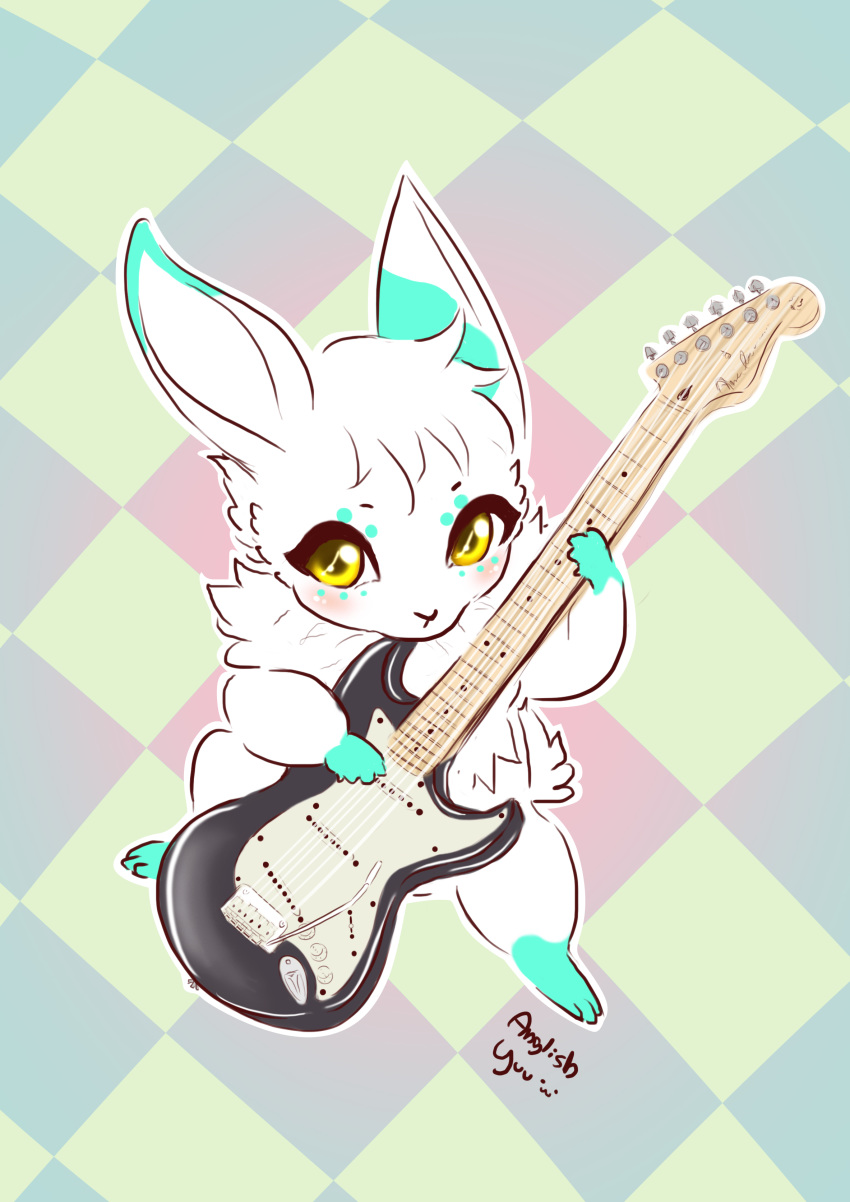 2019 absurd_res ambiguous_gender anglish anthro black_eyebrows black_nose blush digital_media_(artwork) eyebrows eyelashes fingers fur green_body green_ears green_fur guitar hair hi_res lagomorph leporid long_ears looking_at_viewer mammal multicolored_body multicolored_ears multicolored_fur musical_instrument pickles_(picklesjars) plucked_string_instrument rabbit simple_background solo standing string_instrument trans_(lore) trans_woman_(lore) two_tone_body two_tone_fur white_body white_fur yellow_eyes