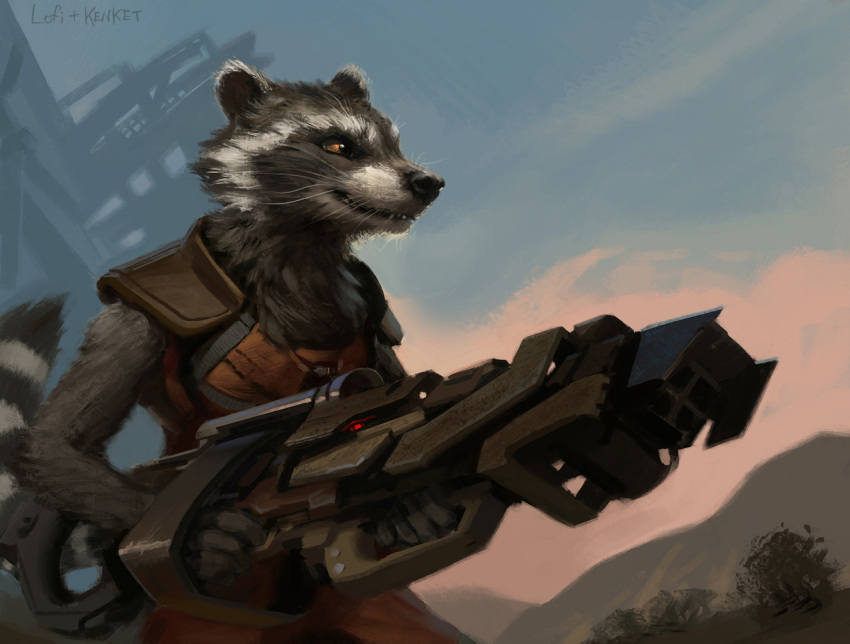 2015 anthro armor biped black_body black_fur black_lips black_nose black_stripes cheek_tuft clothed clothing cloud dark_body dark_fur desert detailed detailed_background digital_media_(artwork) facial_tuft fingers fur futuristic grey_body grey_fur guardians_of_the_galaxy gun hax_(artist) holding_gun holding_object holding_ranged_weapon holding_weapon humanoid_hands kenket leather leather_armor lips lofi long_mouth male mammal marvel no_sclera orange_eyes outside plant portrait procyonid raccoon ranged_weapon rifle rocket_raccoon science_fiction side_view sky smile snout solo spacecraft standing stripes teeth text tuft two_tone_tail vehicle weapon whiskers white_body white_fur white_stripes yellow_eyes