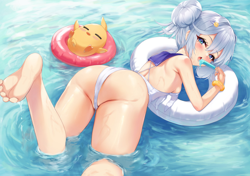 afloat ass azur_lane bare_shoulders barefoot bird blue_eyes blush bracelet casual_one-piece_swimsuit chick feet female food from_behind grey_hair hair_between_eyes hair_bun hair_ornament hairclip highres holding holding_food holding_popsicle ice_cream innertube itaba_atsushi jade_(a_lick_of_summer)_(azur_lane) jade_(azur_lane) jewelry licking looking_at_viewer looking_back manjuu_(azur_lane) mole mole_under_eye neckerchief official_alternate_costume one-piece_swimsuit popsicle sailor_collar sailor_one-piece_swimsuit single_hair_bun soles swim_ring swimsuit toes water wet white_neckerchief white_one-piece_swimsuit