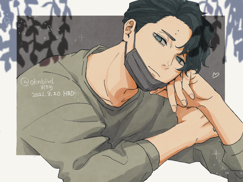 1boy black_hair border grey_eyes haikyuu!! head_rest head_tilt heart highres looking_at_viewer male_focus mask mask_pull mole mouth_mask okntr sakusa_kiyoomi short_hair simple_background solo twitter_username upper_body