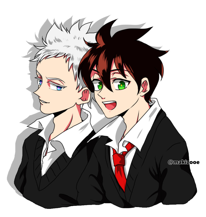 2boys black_hair blue_eyes darren_shan green_eyes highres male_focus multiple_boys necktie open_mouth school_uniform short_hair smile smirk steve_leonard sweater the_saga_of_darren_shan white_hair