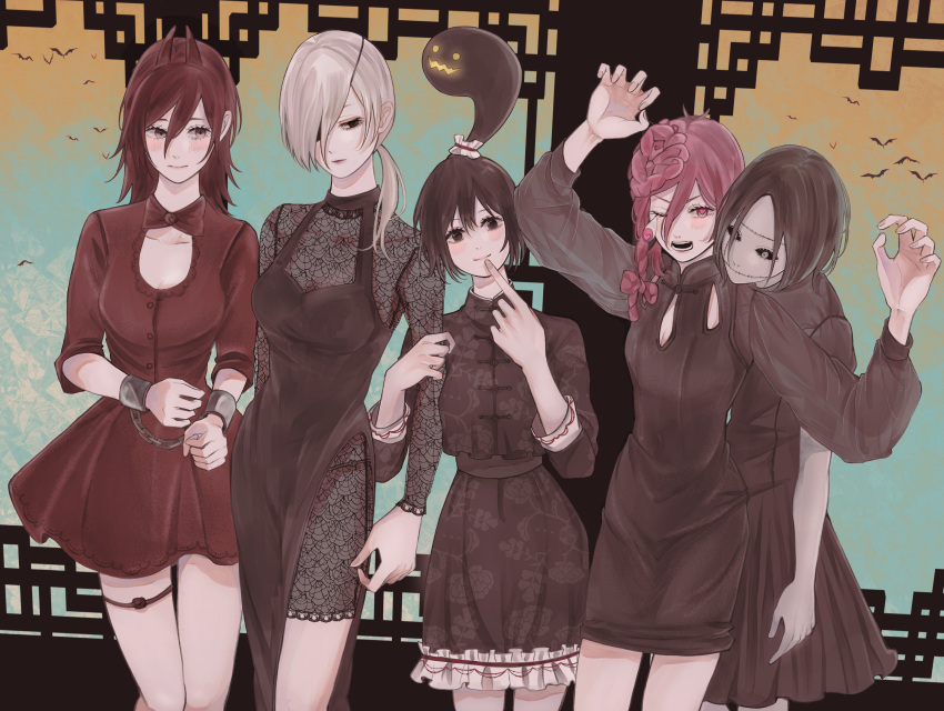 5girls absurdres alternate_costume architecture asymmetrical_hair bad_id bad_pixiv_id bat_(animal) black_dress black_eyes black_hair black_sclera blush braid breasts bulging_eyes center_opening chainsaw_man chinese_clothes claw_pose colored_sclera commentary cosmo_(chainsaw_man) dangling_eye demon_horns dress east_asian_architecture exposed_brain expressionless eye_pop eyelashes eyepatch finger_to_mouth futakuchi-onna halloween head_tilt heart heart-shaped_pupils highres horns lace_trim lattice lips locked_arms long_(chainsaw_man) long_hair long_sleeves looking_at_another looking_at_viewer looking_to_the_side medium_breasts medium_hair multiple_girls open_mouth pale_skin parted_bangs pingtsi_(chainsaw_man) ponytail prehensile_hair quanxi_(chainsaw_man) red_dress red_eyes see-through short_hair side_slit small_breasts smile standing stitched_face stitches symbol-shaped_pupils tangzhuang thigh_strap toukaairab tsugihagi_(chainsaw_man) white_hair