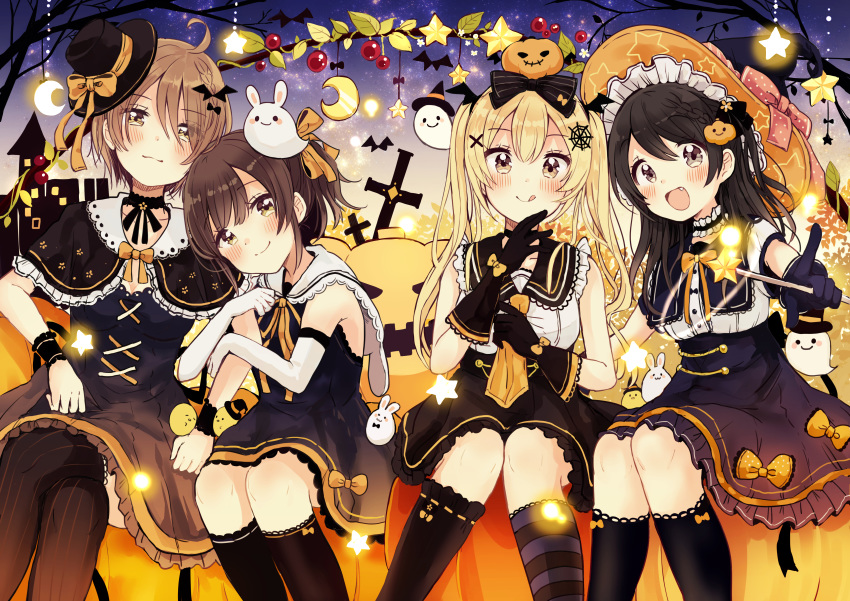 4girls :d :q absurdres ahoge animal arm_hug asymmetrical_legwear bare_shoulders bird black_bow black_capelet black_dress black_gloves black_hair black_headwear black_legwear black_sailor_collar black_skirt blonde_hair blush bow bowtie braid branch brown_bow brown_eyes brown_hair capelet chick closed_mouth collarbone commentary_request cover cover_page crescent dress elbow_gloves food-themed_hair_ornament gloves hair_between_eyes hair_ornament hairbow halloween hat head_tilt highres higuchi_kaede_(swing!!) kneehighs long_hair looking_at_viewer mismatched_legwear miyasato_haruka multiple_girls necktie oerba_yun_fang okamoto_natsuhi open_mouth orange_bow orange_bowtie orange_headwear orange_necktie pleated_skirt pumpkin_hair_ornament rabbit sailor_collar sailor_dress sakura_oriko shirt skirt sleeveless sleeveless_dress sleeveless_shirt smile socks spider_web_hair_ornament star_(symbol) star_print striped_bow striped_clothes striped_thighhighs swing!! thighhighs tilted_headwear tongue tongue_out twintails vertical-striped_clothes vertical-striped_thighhighs very_long_hair wand white_gloves white_sailor_collar white_shirt wing_hair_ornament witch_hat wrist_cuffs x_hair_ornament yokomine_ibuki