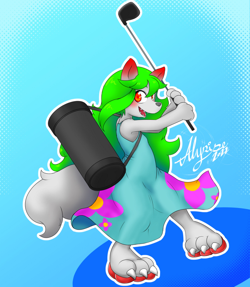 alyrise anthro big_feet big_pawpads blush canid canine canis claws clothed clothing dipstick_ears dress ear_markings feet female fur generation_3_pokemon golf golf_bag golf_club golf_swing gradient_background green_hair hair hi_res hybrid long_hair mammal monotone_background multicolored_ears nintendo on_one_leg open_mouth open_smile pokemon pokemon_(species) ralts red_eyes sharp_teeth simple_background sleeveless_dress smile solo sport standing teeth toe_claws white_body white_fur wolf young