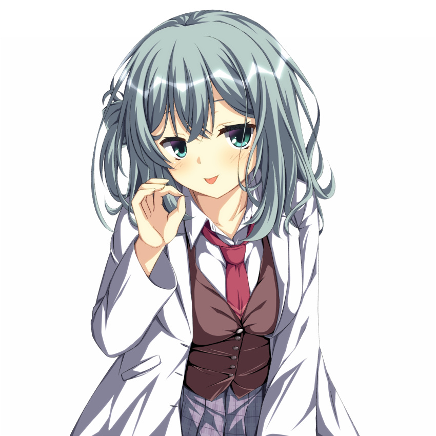 :p aqua_eyes aqua_hair asagi_nanami blush brown_sweater_vest closed_mouth coat collared_shirt commentary_request double-parted_bangs eyelashes fellatio_gesture female grey_skirt hair_between_eyes hand_up highres lab_coat long_hair long_sleeves looking_at_viewer miniskirt necktie one_side_up open_clothes open_coat plaid plaid_skirt pleated_skirt red_necktie riddle_joker school_uniform seductive_smile shikibe_mayu shirt simple_background skirt smile solo sweater_vest tongue tongue_out upper_body upturned_eyes wavy_hair white_background white_shirt wide_sleeves