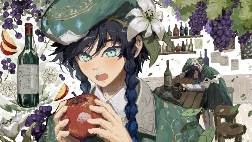 1boy androgynous apple apple_slice argyle_clothes argyle_legwear bad_id bad_twitter_id bar_stool beer_mug beret black_hair blue_hair blush bottle braid cape chair chasefox closed_eyes collared_cape collared_shirt commentary cup dandelion english_commentary flower food frilled_sleeves frills fruit genshin_impact gradient_hair grapes green_eyes green_hat green_shorts hat hat_flower head_on_table highres holding holding_food holding_fruit leaf looking_at_viewer male_focus mug multicolored_hair open_mouth pantyhose poster_(object) shirt short_hair_with_long_locks shorts simple_background smile solo stool twin_braids venti_(genshin_impact) white_flower white_pantyhose white_shirt window wine_bottle