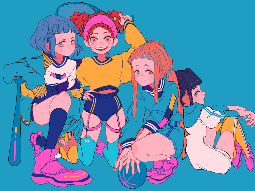 4girls absurdres ball baseball_bat basketball basketball_(object) black_hair blue_background blue_buruma blue_eyes blue_hair blue_jacket blue_socks blue_sweater blue_thighhighs blunt_bangs buruma hand_on_own_hip headband highres hood hood_down jacket kneehighs leaning_on_person long_hair looking_at_viewer matumot midriff_peek multiple_girls off_shoulder orange_hair orange_sweater original pink_footwear pink_headband ponytail racket red_eyes red_hair short_hair sidelocks simple_background sitting socks strap striped_clothes striped_thighhighs sweater tennis_racket thigh_strap thighhighs twintails underwear white_sweater yellow_legwear