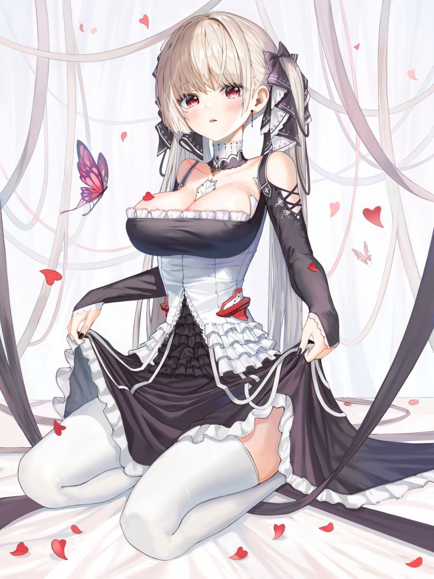 absurdres azur_lane bare_shoulders between_breasts black_butterfly black_dress black_nails blonde_hair blush breasts bug butterfly cleavage clothes_lift collarbone commentary detached_sleeves dopoing dress dress_lift earrings falling_petals female formidable_(azur_lane) frilled_dress frills hair_ornament hair_ribbon highres jewelry large_breasts lifting_own_clothes long_hair looking_at_viewer parted_lips petals red_butterfly red_eyes ribbon seiza sitting solo thighhighs twintails two-tone_dress two-tone_ribbon very_long_hair white_thighhighs