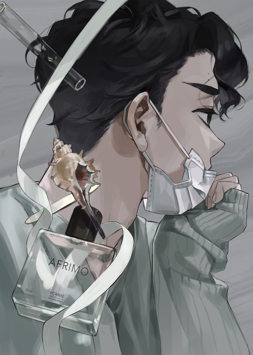 1boy absurdres bad_id bad_pixiv_id black_eyes black_hair bottle commentary grey_background haikyuu!! head_rest highres keki_chogyegi korean_commentary looking_away male_focus mask mask_pull mouth_mask perfume_bottle ribbon sakusa_kiyoomi simple_background sleeves_past_wrists solo upper_body