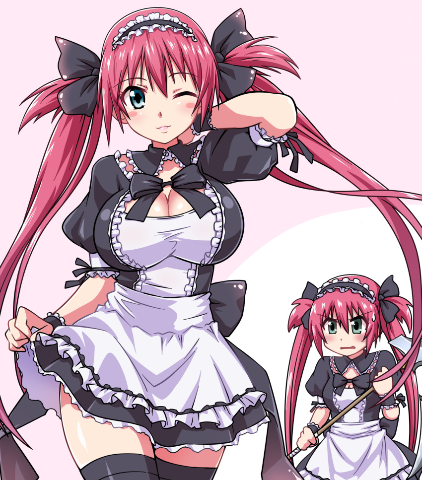 2girls airi_(queen's_blade) airi_(queen's_blade)_(cosplay) airi_(the_infernal_temptress) black_ribbon blue_eyes blush breasts cleavage clothes_lift cosplay frills goriate green_eyes hair_ribbon highres large_breasts long_hair looking_at_viewer maid maid_headdress melona_(queen's_blade) multiple_girls one_eye_closed protean_assassin_melona queen's_blade red_hair ribbon scythe short_sleeves skirt skirt_lift symbol-shaped_pupils thighhighs twintails very_long_hair wrist_cuffs