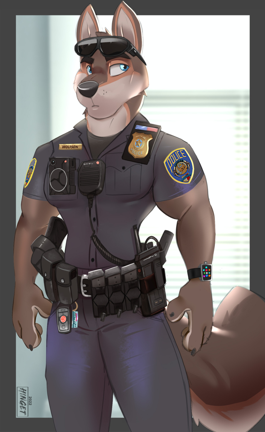 2022 anthro blue_eyes bottomwear canid canine canis car_keys clothing eyewear eyewear_on_head gun handgun hi_res hinget inside male mammal muscular muscular_anthro muscular_male pants pistol police police_badge police_officer police_uniform ranged_weapon russell_wolfson solo sunglasses sunglasses_on_head topwear uniform walkie-talkie weapon wolf