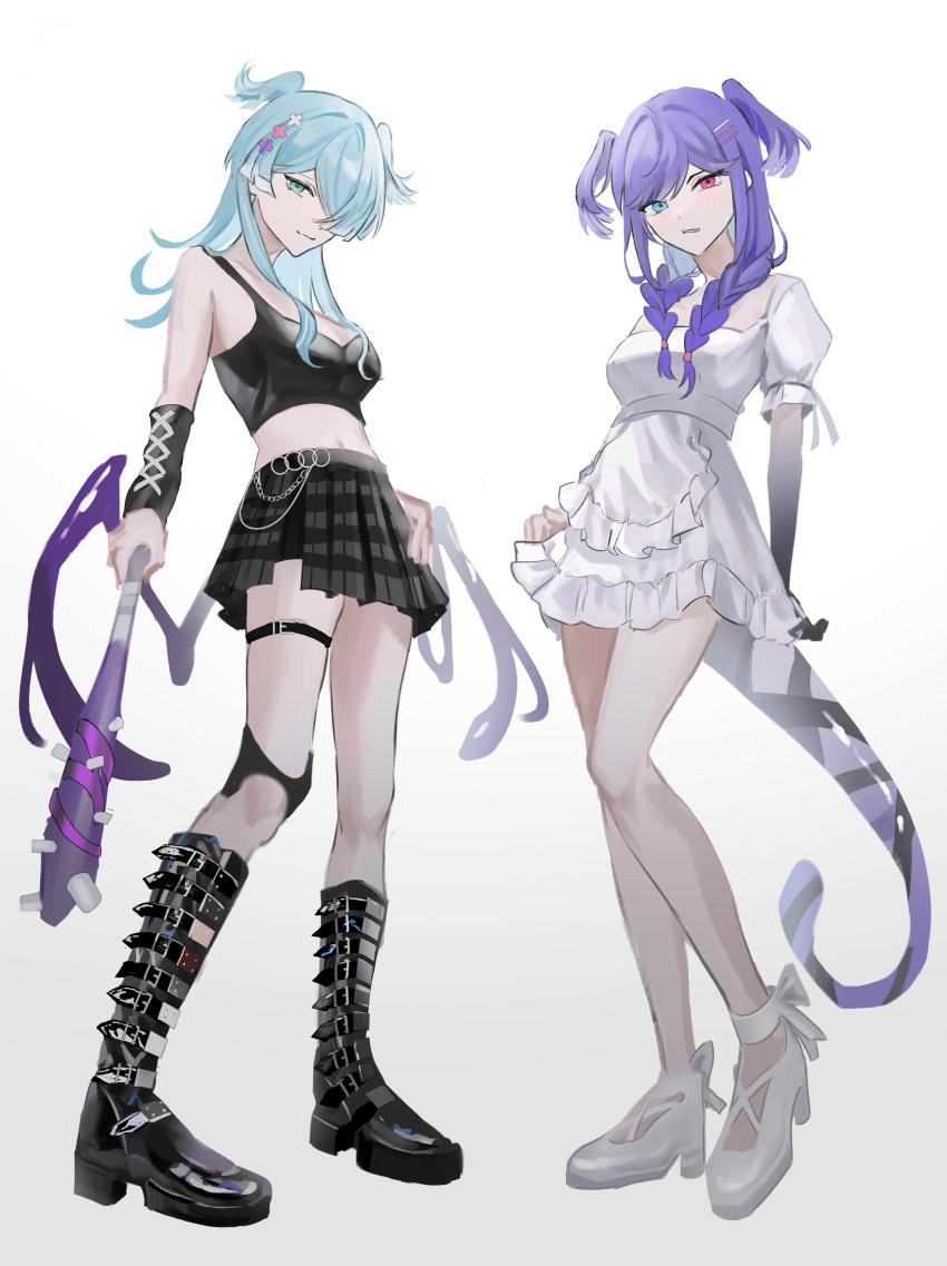 2girls absurdres ankle_boots black_footwear black_skirt black_tank_top blue_hair boots braid club_(weapon) dragon_girl dragon_tail dress elira_pendora full_body guriddopitto hair_ornament hair_over_one_eye head_wings heterochromia highres holding holding_club holding_weapon long_hair looking_at_viewer low_wings midriff multiple_girls navel nijisanji nijisanji_en one_eye_covered purple_eyes purple_hair selen_tatsuki siblings simple_background sisters skirt tail tank_top thigh_strap twin_braids virtual_youtuber weapon white_background white_dress white_footwear wings