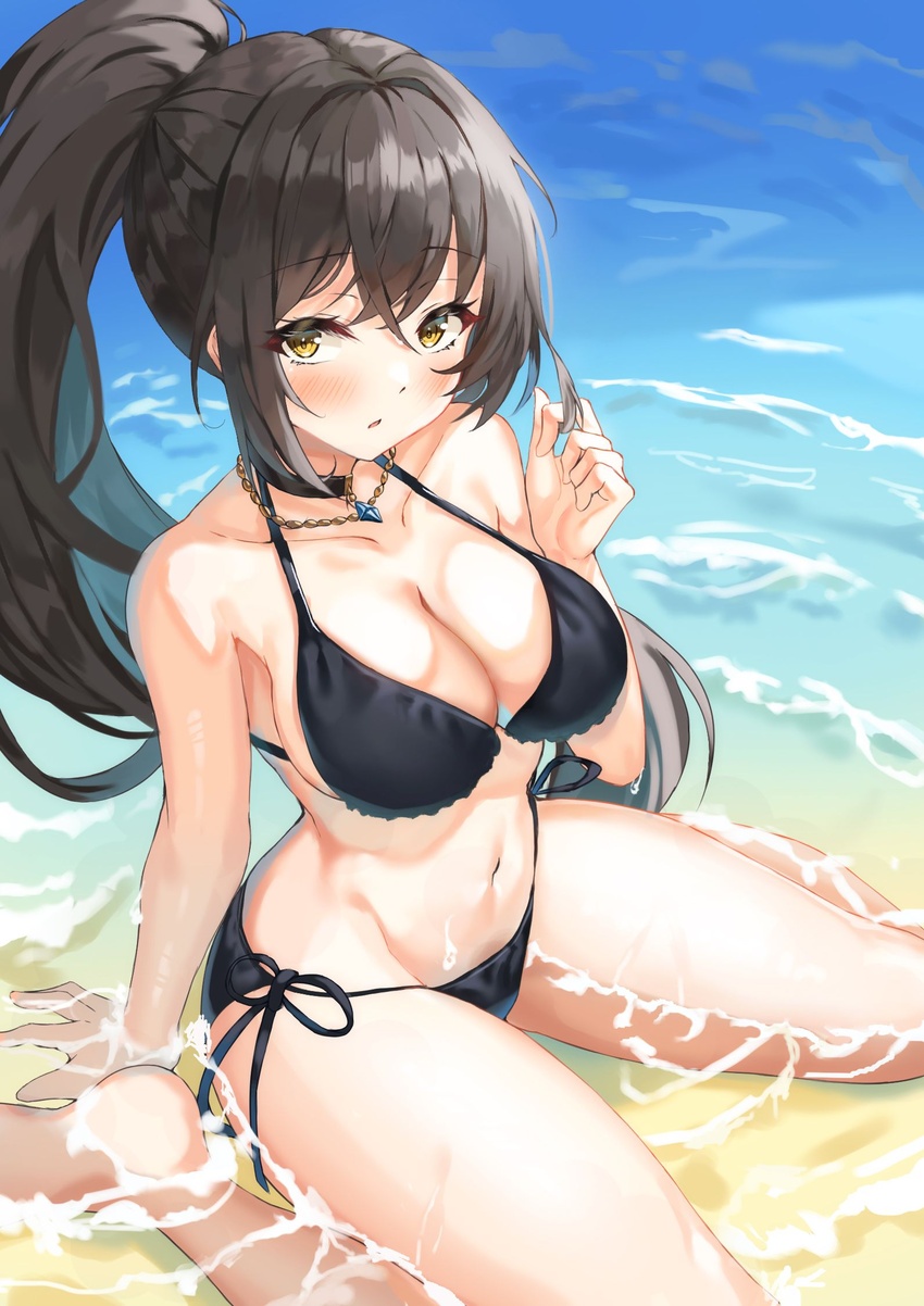 bare_arms bare_shoulders beach bikini black_bikini black_choker black_hair breasts choker cleavage collarbone female halterneck highres jewelry large_breasts long_hair looking_at_viewer lotpi navel necklace original outdoors parted_lips ponytail side-tie_bikini_bottom solo stomach string_bikini swimsuit thighs very_long_hair water wet yellow_eyes