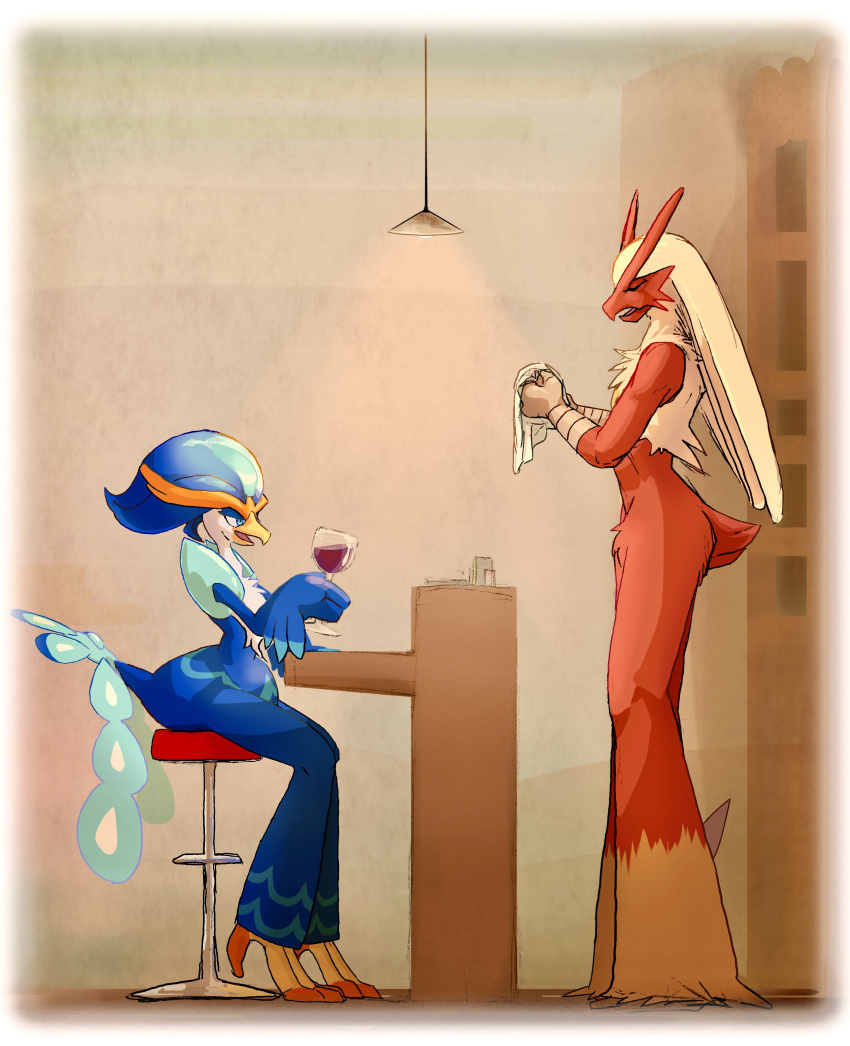 absurd_res alcohol ambiguous_gender anthro avian_butt bar bar_stool bartender beak beverage blaziken blue_body blue_eyes blue_feathers container cup detailed_background drinking_glass duo feathers furniture generation_3_pokemon generation_9_pokemon glass glass_container glass_cup hi_res holding_glass holding_object inside nintendo orange_tubuan pokemon pokemon_(species) quaquaval red_body red_feathers sitting standing stool wine wine_glass